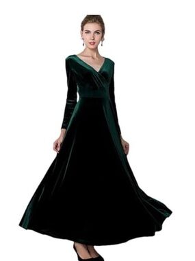 Urban CoCo Women Long Sleeve V-Neck Velvet Stretchy Long Dress Medium, BlueGreen